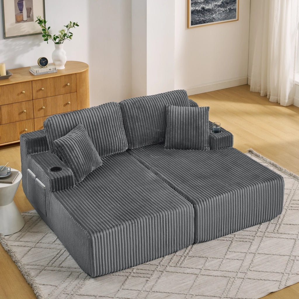 Divano Letto 2 Posti Relax ¨C MINIMAL ¨C Grigio, Velluto a Coste, con Cuscini
