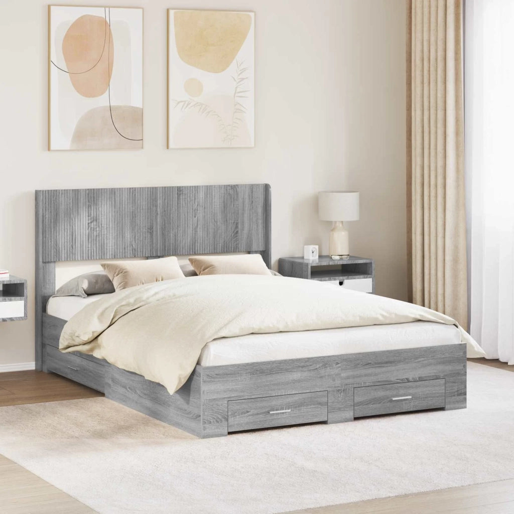 Letto da camera | Struttura del letto con stoccaggio e testata Sonoma grigio