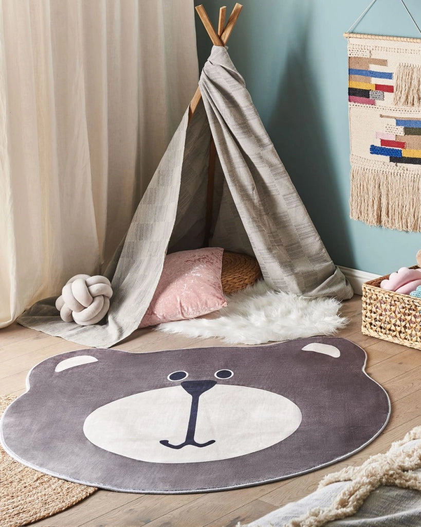 Tappeto marrone ⌀ 120 cm a forma di orso a pelo basso per bambini sala giochi