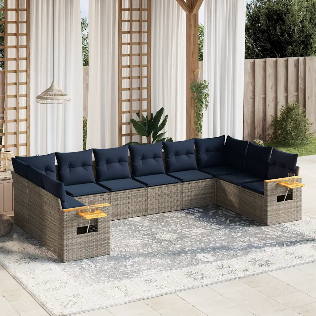 Set Divani da Giardino 10 pz con Cuscini Grigio in Polyrattan