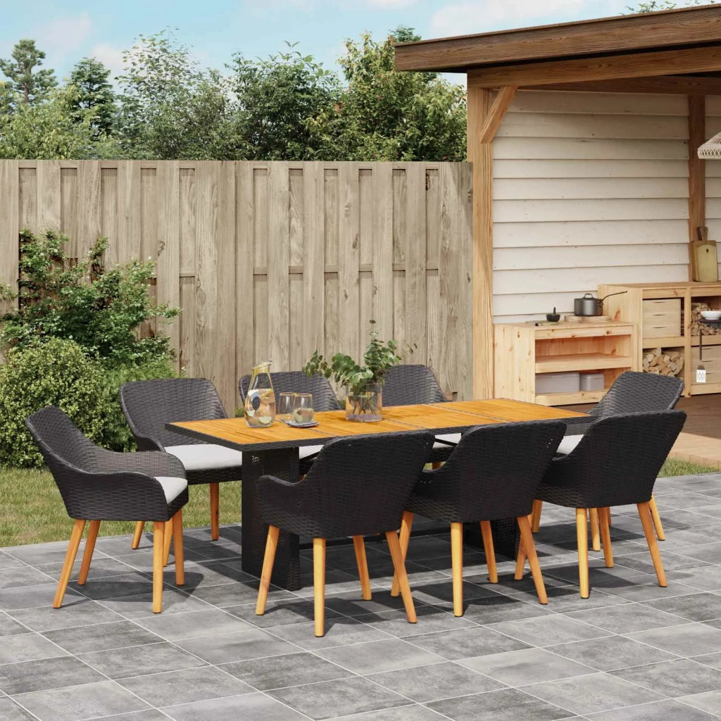 Set da Pranzo per Giardino con cuscino 9 pcs Nero polyrattan