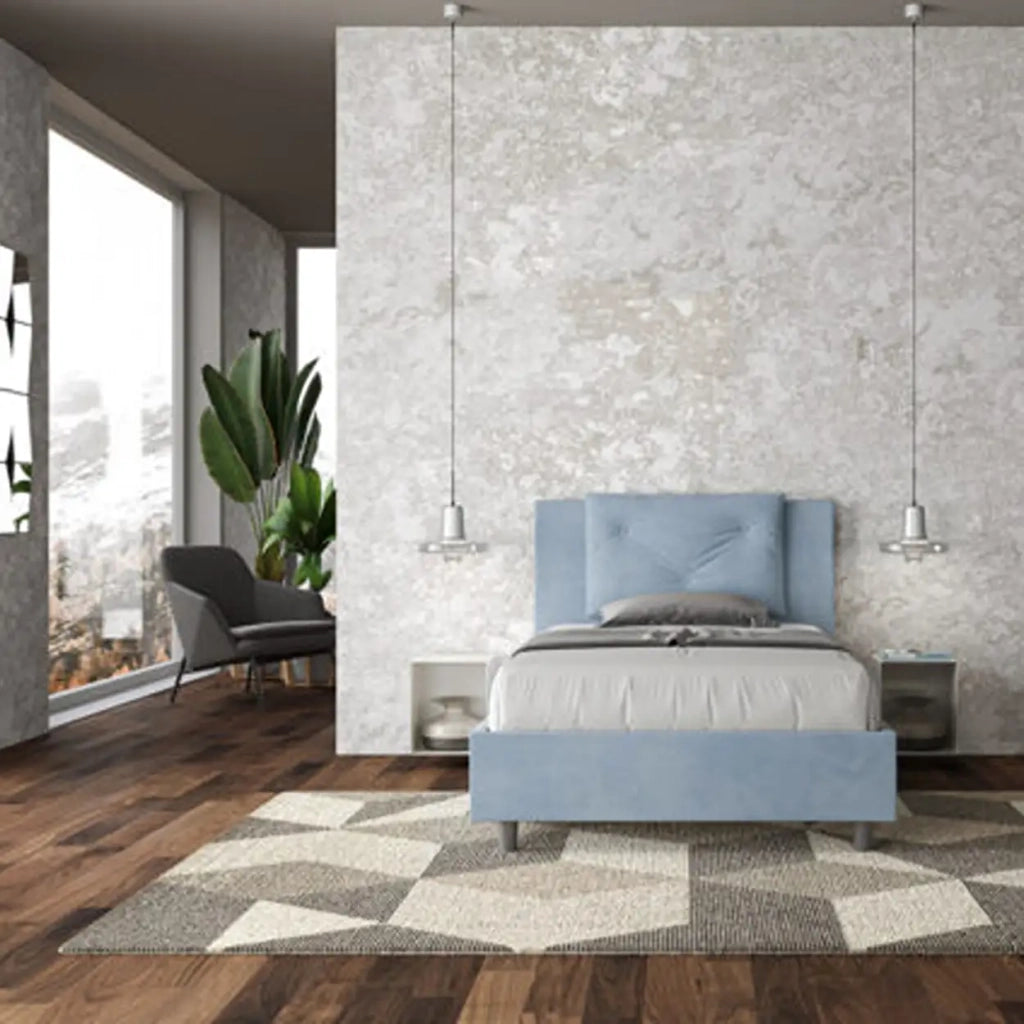 Letto una piazza e mezza senza rete imbottito 120x210 microfibra azzurro Appia