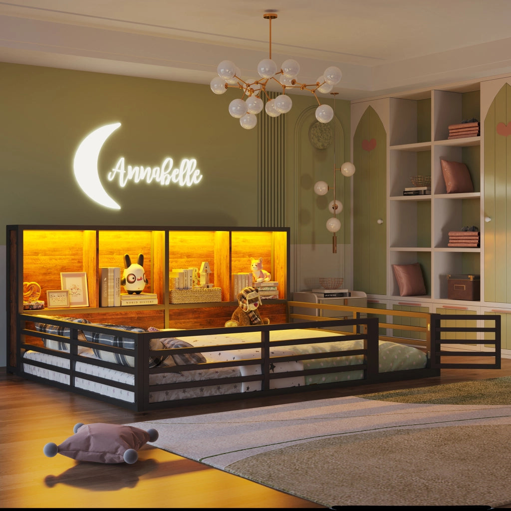 LETTO a sponde 140x200 cm Nero in Metallo e MDF con LED
