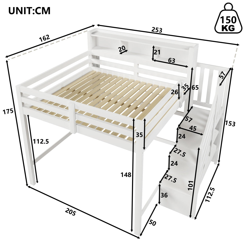 Letto castello 140x200 LED stivaggio scala vano bianco