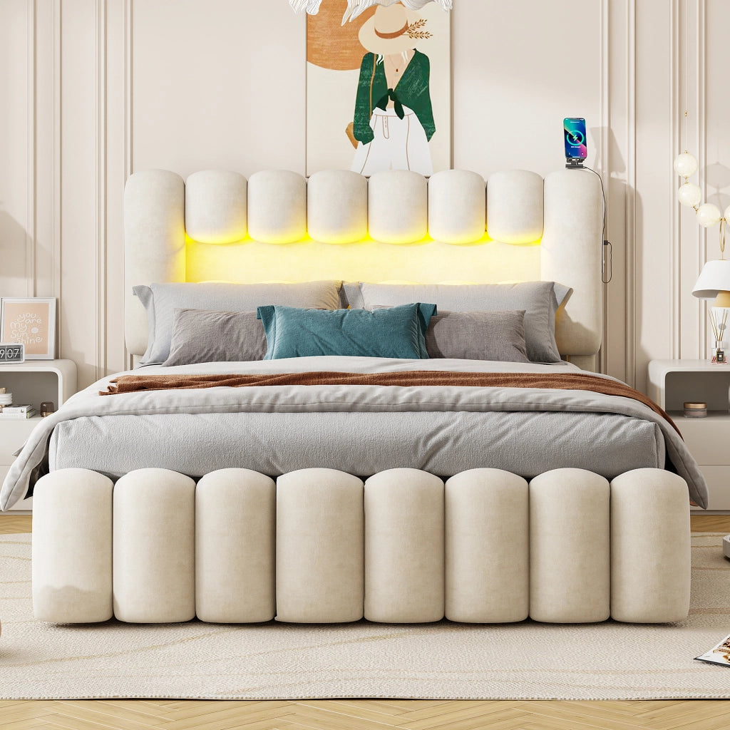 Letto Imbottito con Cassetti e LED ¨C MINIMAL ¨C Velluto Beige 160x200