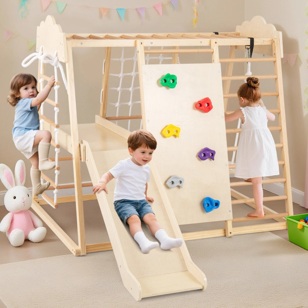 Palestra da interno 8-in-1 con scivolo rimovibile, Giocattoli da arrampicata in legno per bambini 3+ anni Naturale-Arrampicate e scivoli