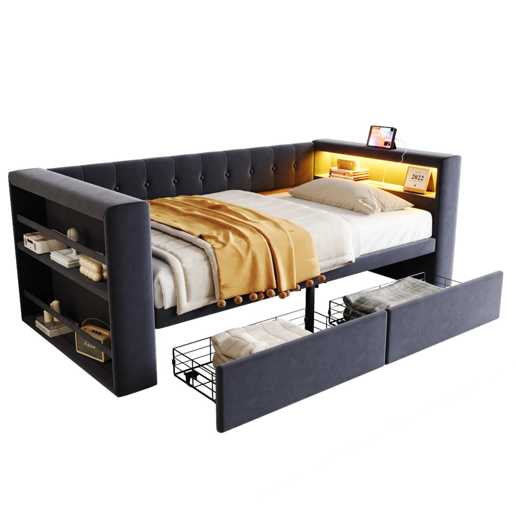 LETTO 90x190 cm con LED, prese e 2 cassetti, grigio scuro, flanella