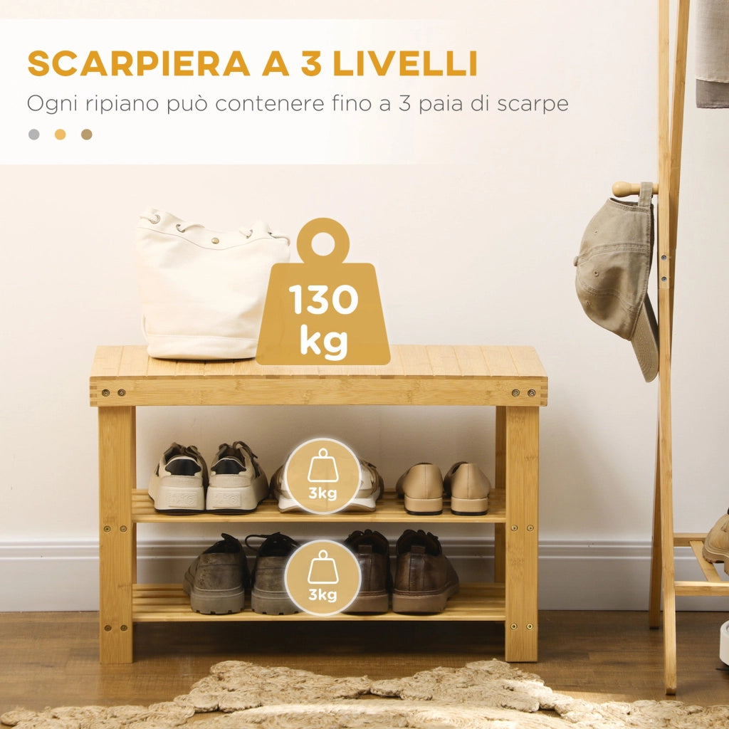 Panca Scarpiera 70x28x45 cm con 2 Ripiani a Doghe e Seduta in Bambù