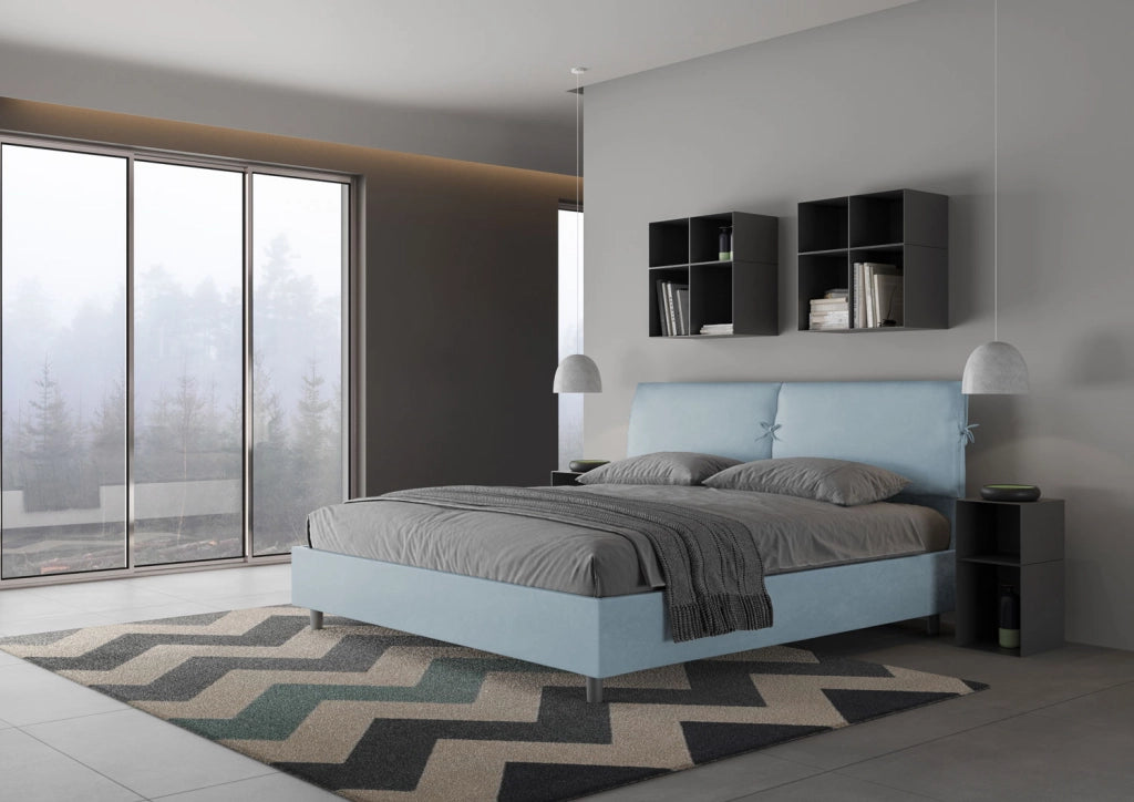 BS COM Letto matrimoniale king size contenitore imbottito 200x210 microfibra azzurro