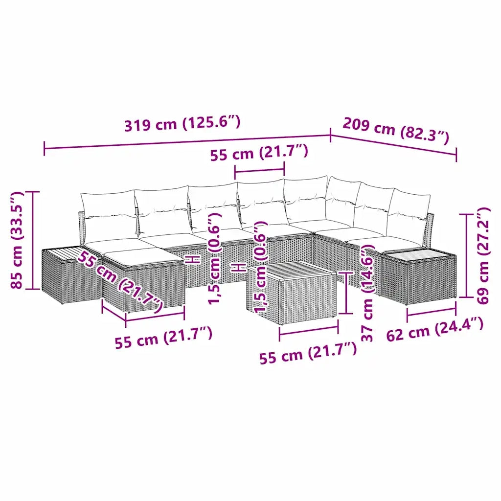 Set Divano da Giardino con cuscino 9 pcs Beige Poly Rattan 3348152
