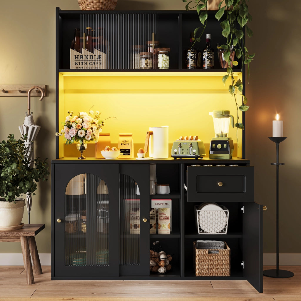 Armadio cucina con LED - Zephmum - Regolabile, vetrinetta, nero