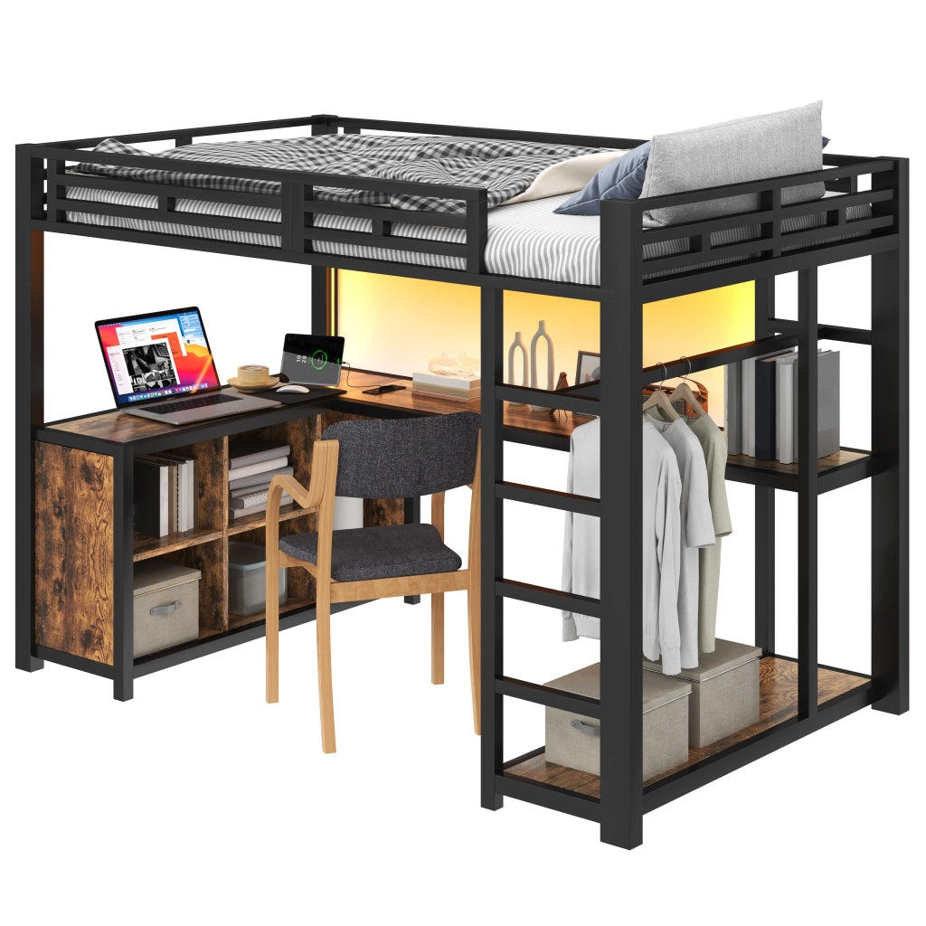 Letto alto in metallo 140x200 scrivania con luci LED e portaoggetti USB in metallo nero