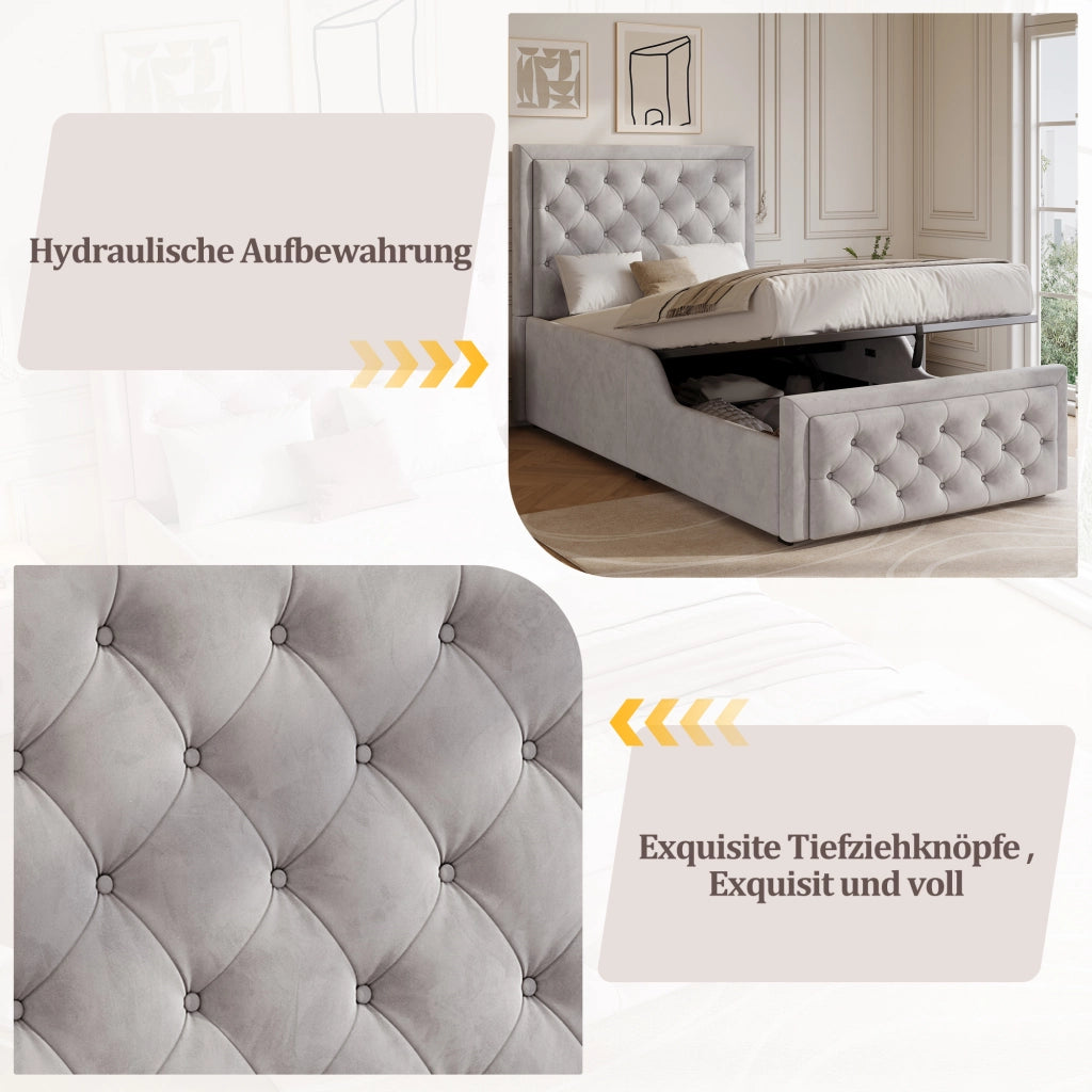 LETTO imbottito 90x200 cm con contenitore idraulico, velluto grigio