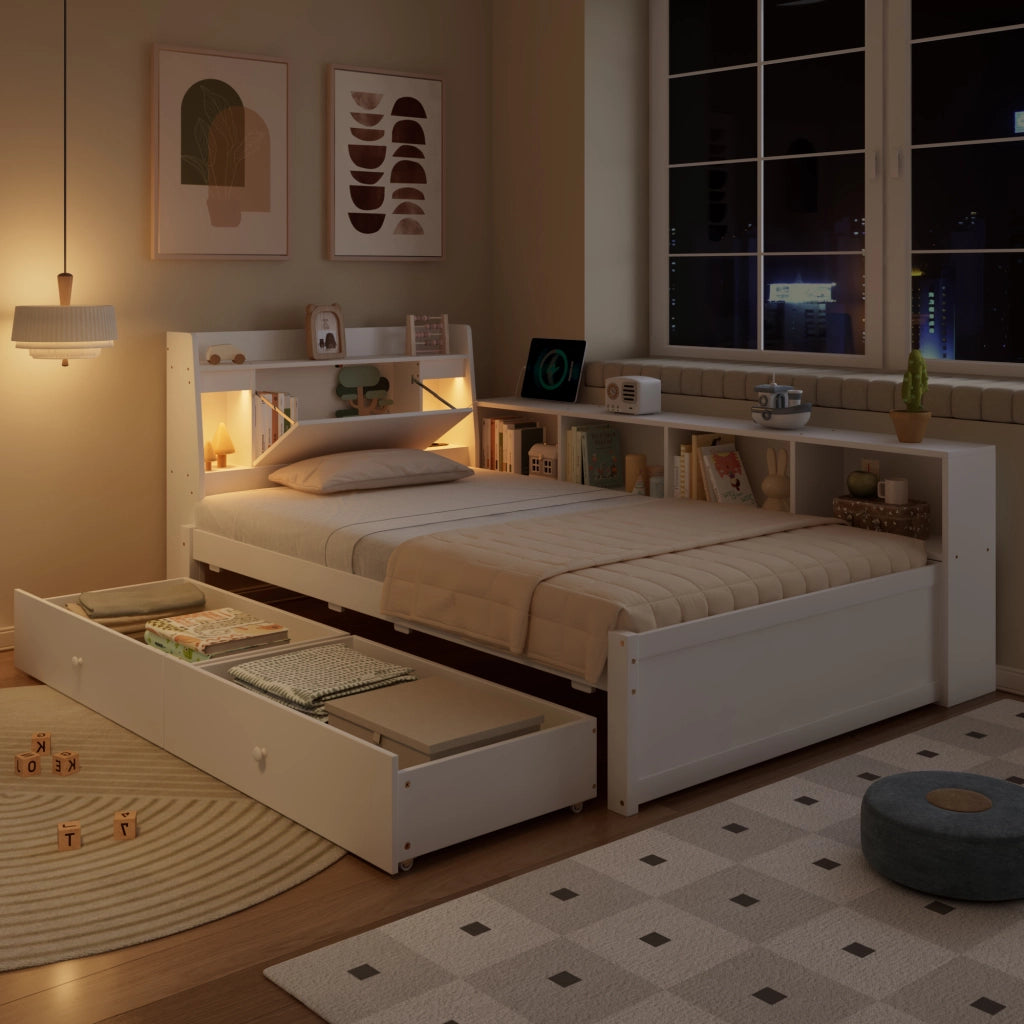 LETTO Singolo 90x200 cm Bianco con testiera, luci e cassetti