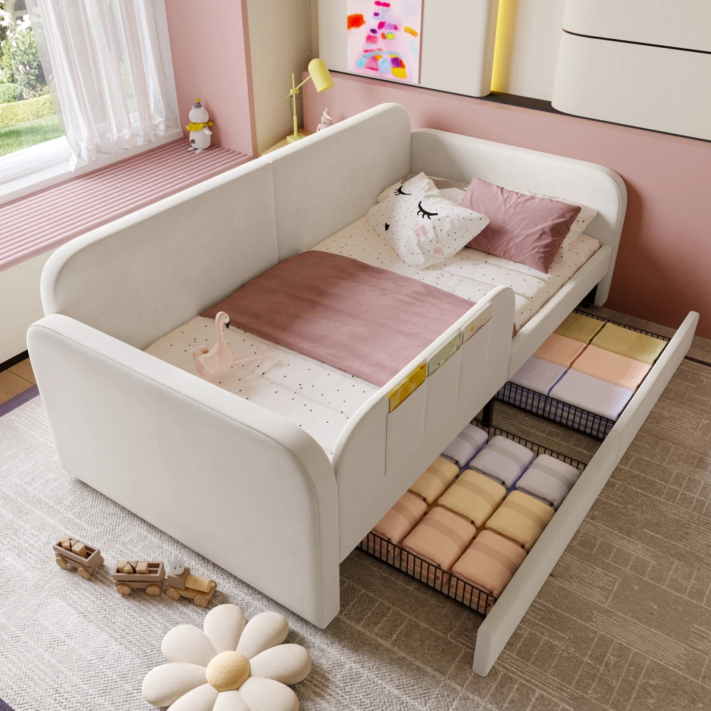 LETTO Singolo 90x200 cm Velluto Bianco con 2 cassetti e tasche laterali