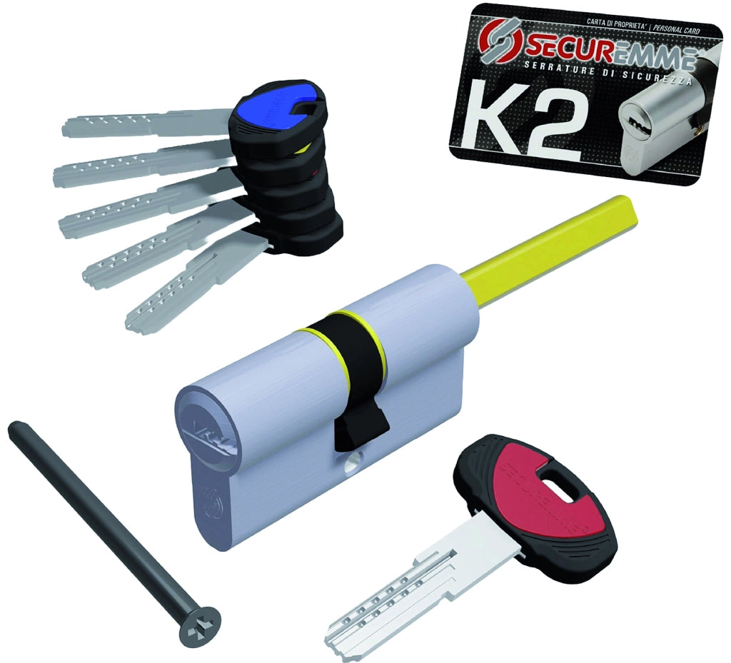 Securemme CILINDRO CROMO SATINATO K2 CON CODOLO 5 chiavi mm. 70 (30+40)