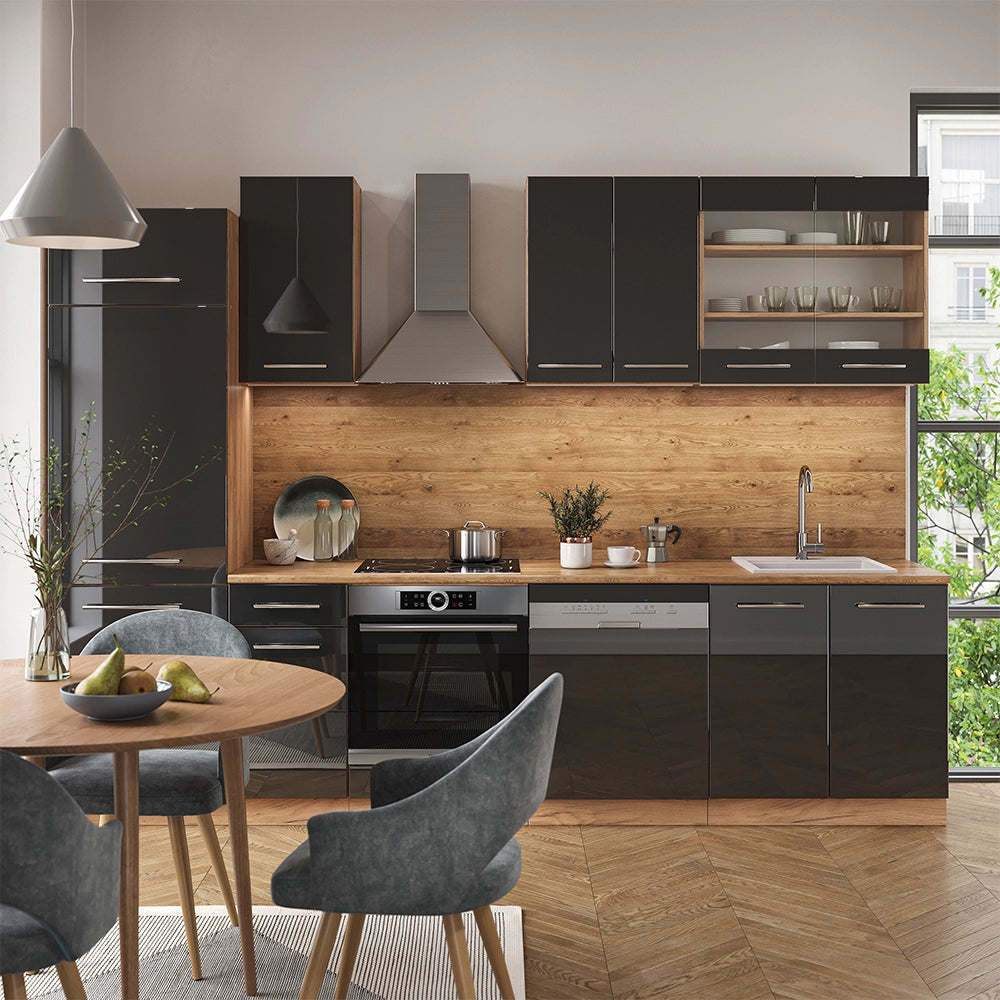 Cucina componibile Fame-Line Antracite lucido/Rovere dorato 300 cm, PL Antracite Vicco