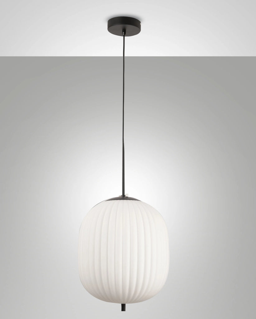 Domizia Lampada a Sospensione in Metallo e Vetro Soffiato Nero Ø320mm, Attacco E27, Design Elegante per Interni IP20 Classe 1