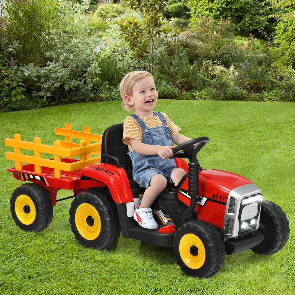 Trattore con Rimorchio Cavalcabile per Bambini 12V, Trattore Elettrico Telecomandato, con Luci e Suoni, 30kg, 3+ Anni (Rosso)