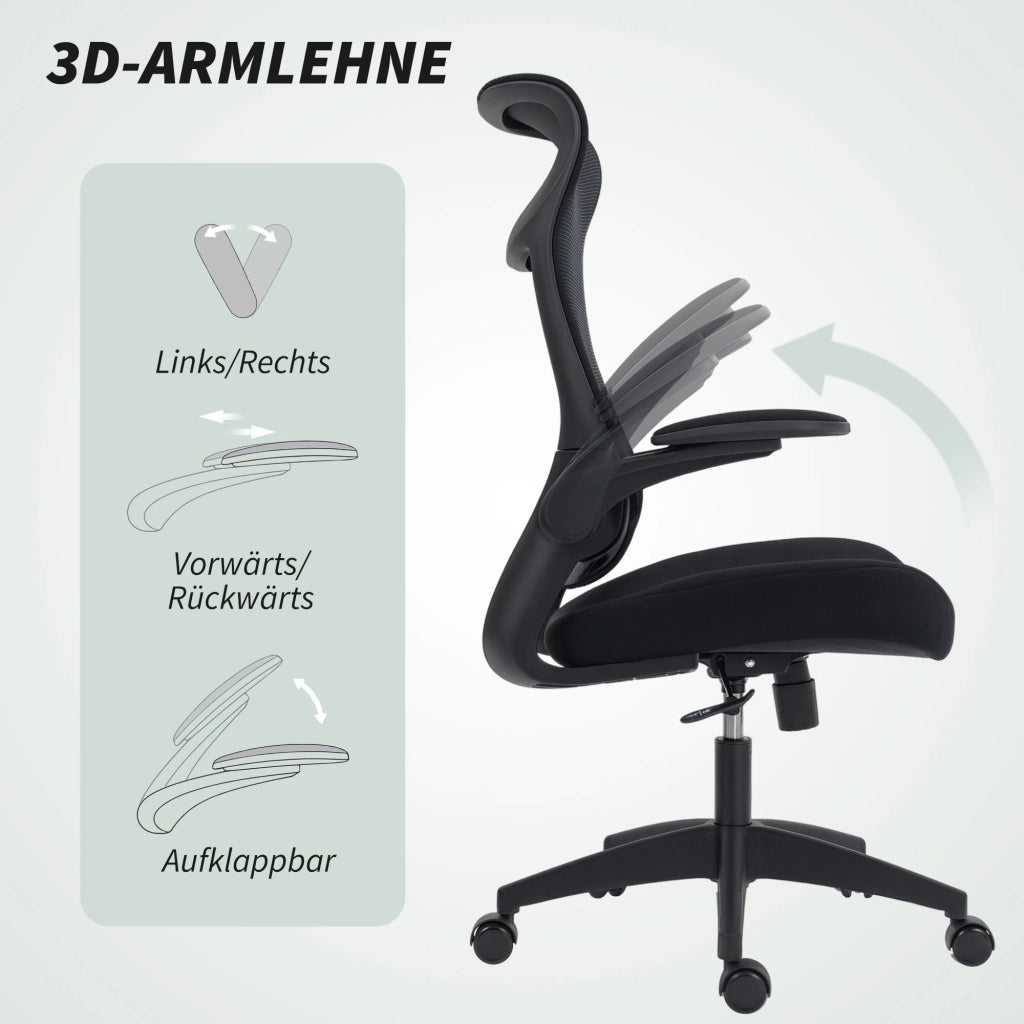 Sedia da ufficio ergonomica ¨C Minimal ¨C Schienale rete, braccioli 3D, nero