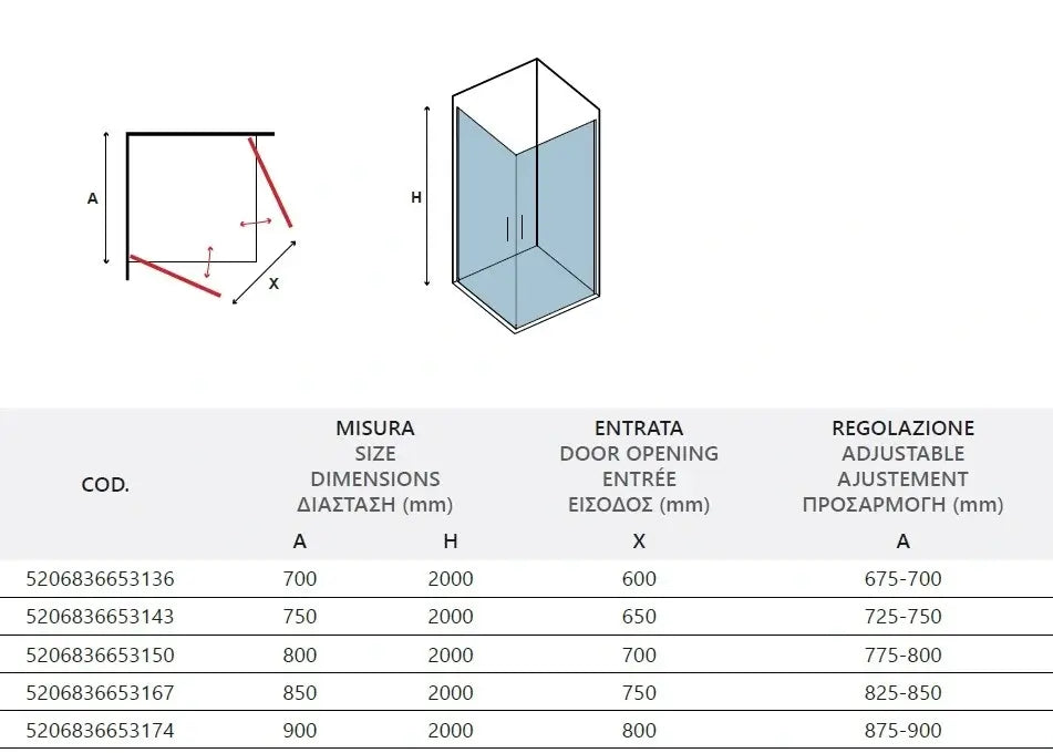 Box Doccia Trasparente H200 Doppia Battente Profili Neri - 75x85