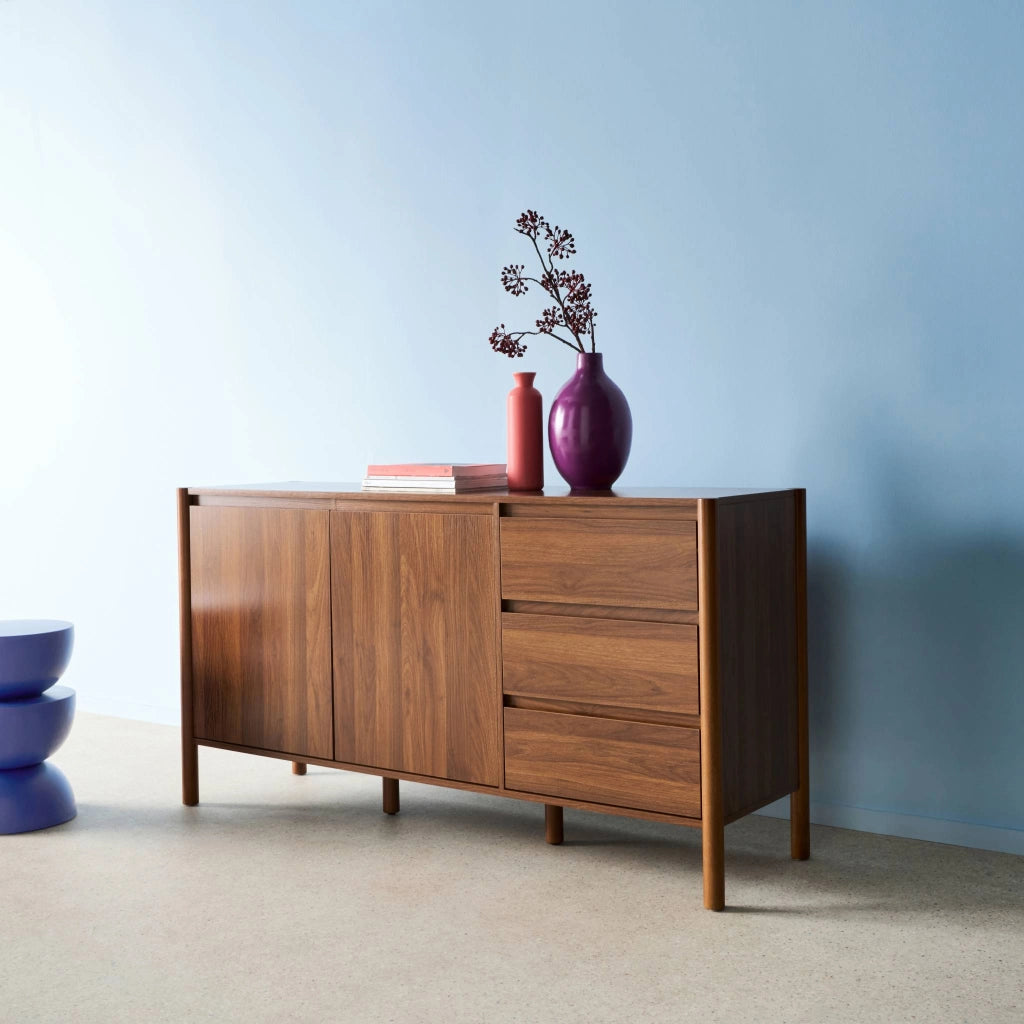 Credenza decorazione legno 2 ante 3 cassetti 150cm, noce