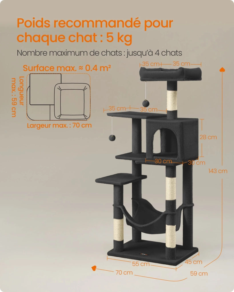 Albero per gatti con amaca torre da gioco 143 cm grigio chiaro 12_0003852