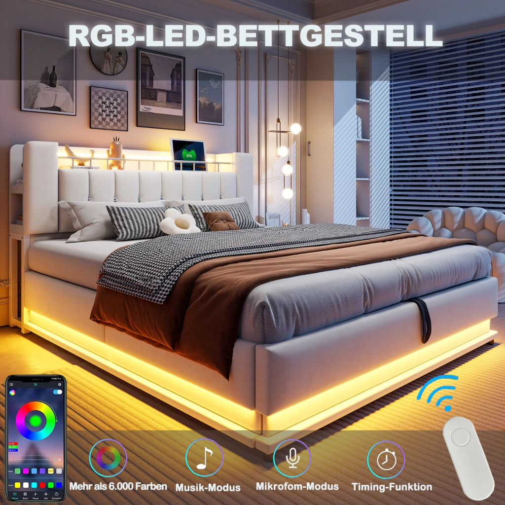 LETTO Imbottito 180x200 cm Beige con LED, USB e contenitore idraulico