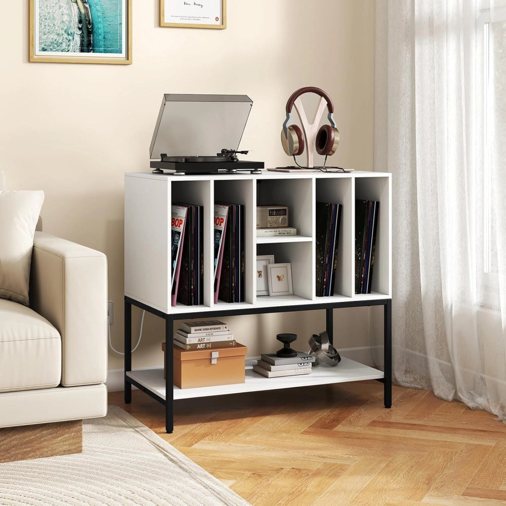 Supporto per Giradischi con Stazione di Ricarica, Credenza per Giradischi con Spazio per Album, Tavolino Porta-Vinili con Scaffali per CD per Soggiorno e Sala Musica (Bianco)
