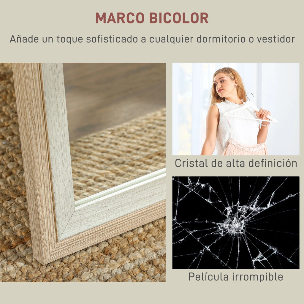 Specchio a Parete con Cornice in MDF ¨C Minimal ¨C Bianco e Naturale 157x37 cm
