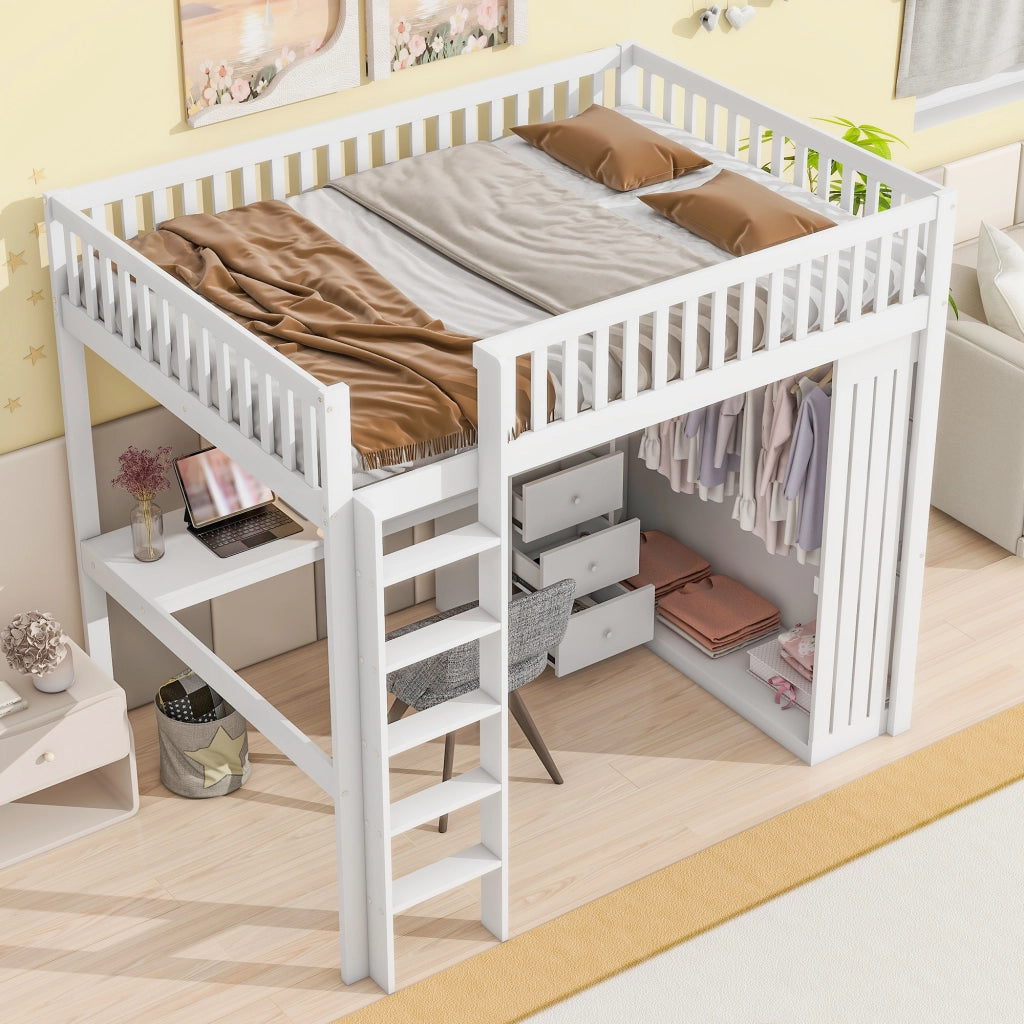 Letto a soppalco 140 × 200 cm con scrivania armadio 3 cassetti scala e barriera in legno e MDF bianco
