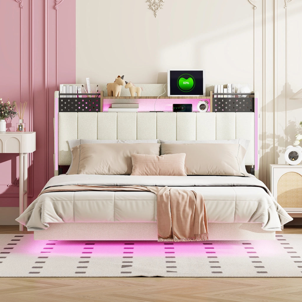 letto imbottito lino beige 140 x 200 cm