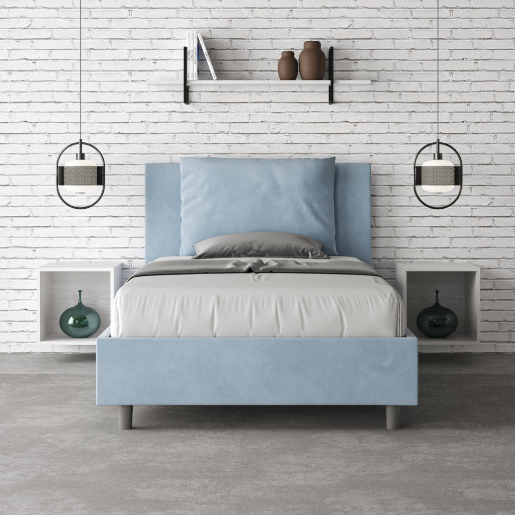 BS COM Letto una piazza e mezza senza rete imbottito 110x210 microfibra azzurro