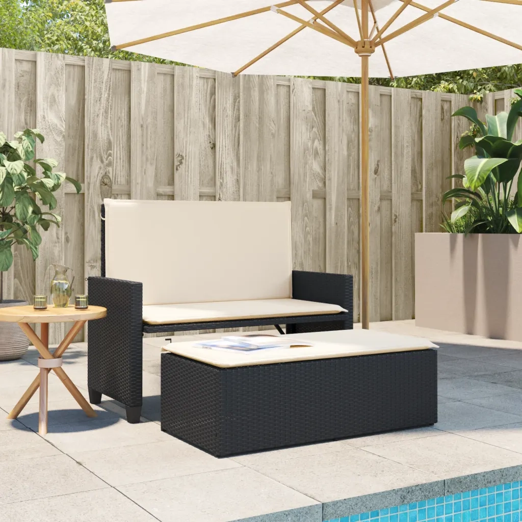Panchina da Giardino | Panca da Giardino con Cuscini e Poggiapiedi Nera in Polyrattan
