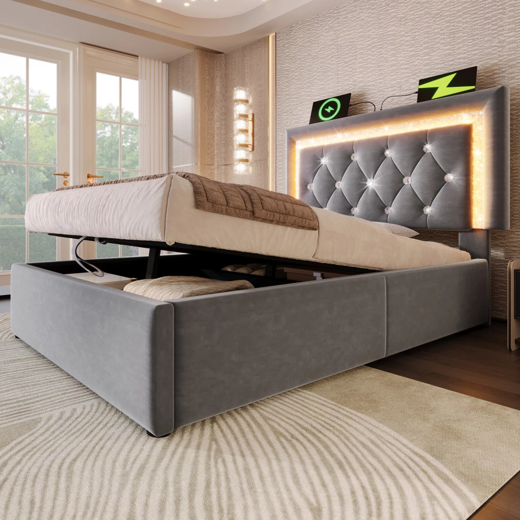 LETTO singolo 90x200 cm in velluto grigio con LED, USB e contenitore