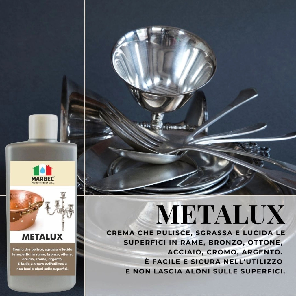 Crema lucidante metalli, pulizia e brillantezza in un solo gesto, ideale per rame e acciaio Marbec METALUX - 250GRx6Pz