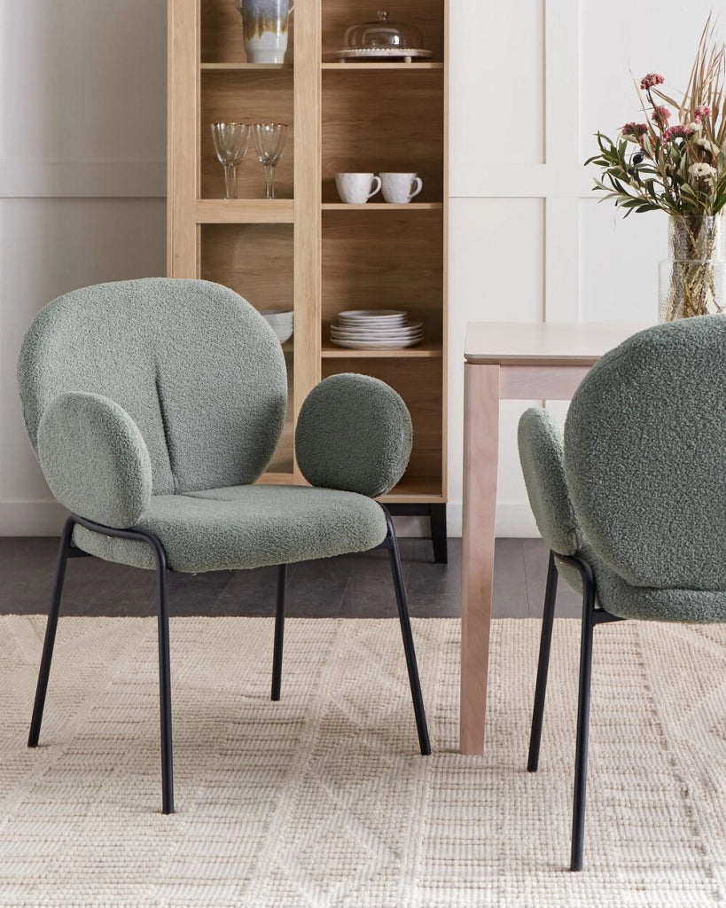 Set di 2 sedie da pranzo in tessuto boucle verde stile retrò seduta rotonda