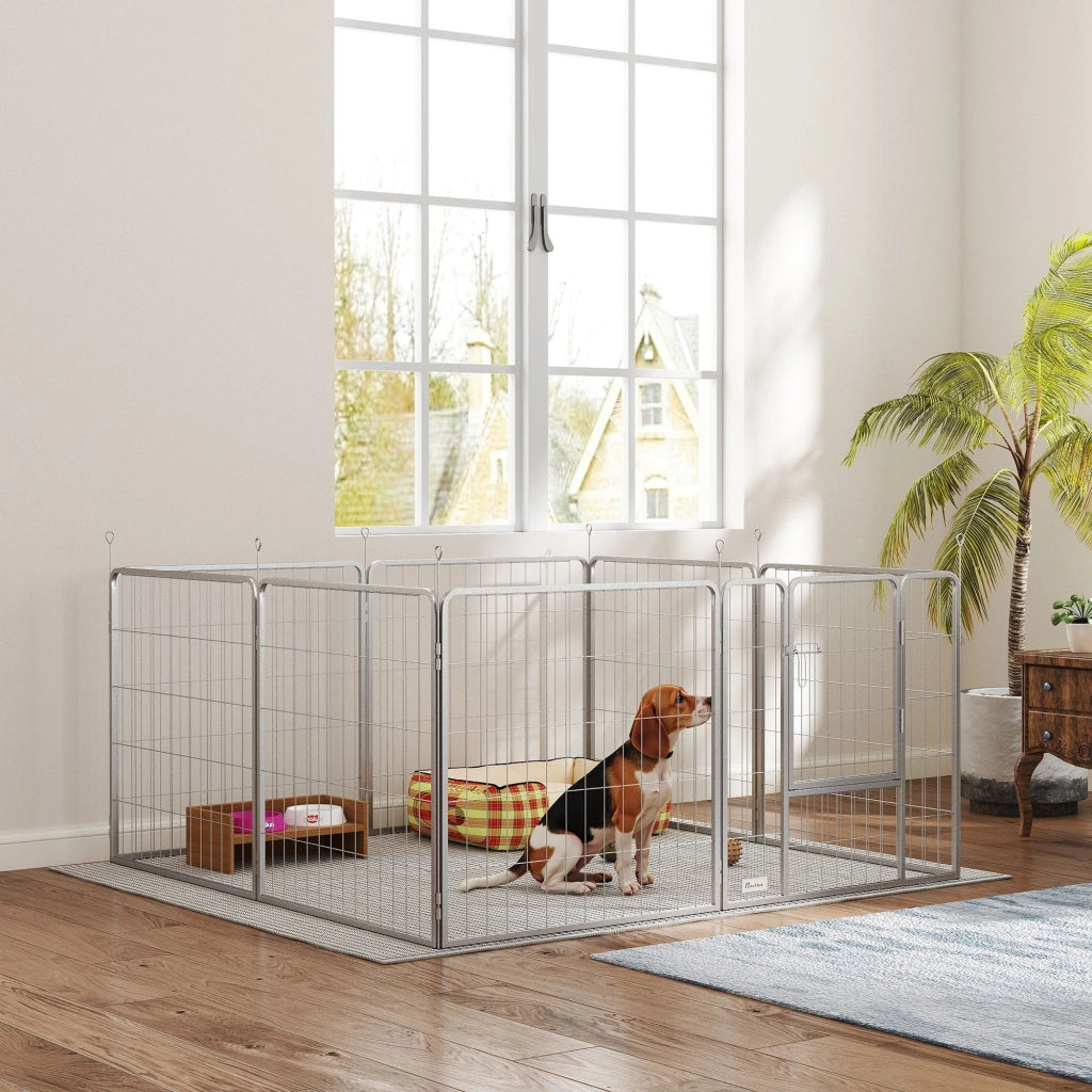 Recinto per Cani a 8 Pannelli Modulabili Pieghevole 80x1,5x80A cm con Porta di Ingresso in Acciaio Argento