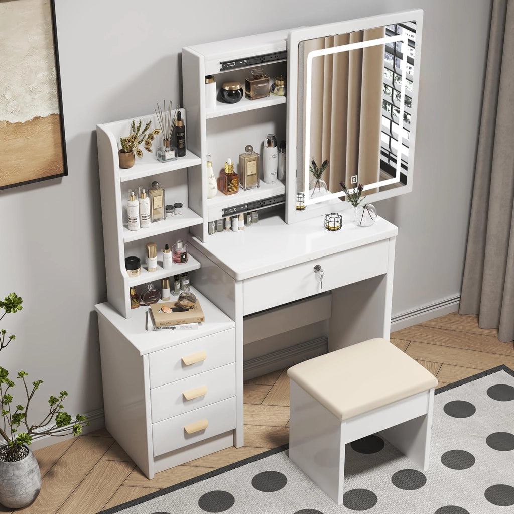 Tavolo Trucco con Specchio Illuminato e Sgabello, 4 Cassetti, Luce 3 Colori ¨C MINIMAL ¨C Bianco 85x130x36cm