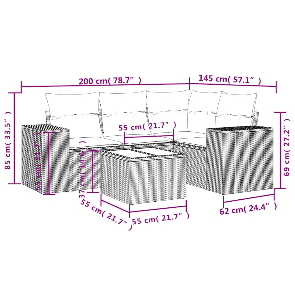 Set Divano da Giardino 5 pz con Cuscini Marrone in Polyrattan 3222522