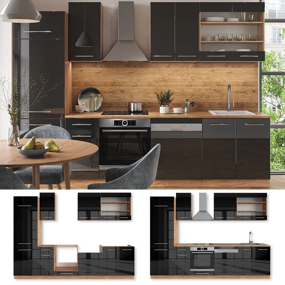Cucina componibile Fame-Line Antracite lucido/Rovere dorato 300 cm, PL Antracite Vicco