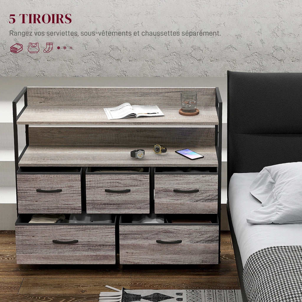 Cassettiera 5 cassetti stile industriale con ante in tessuto ¨C zephmum ¨C grigio 98x29x85 cm