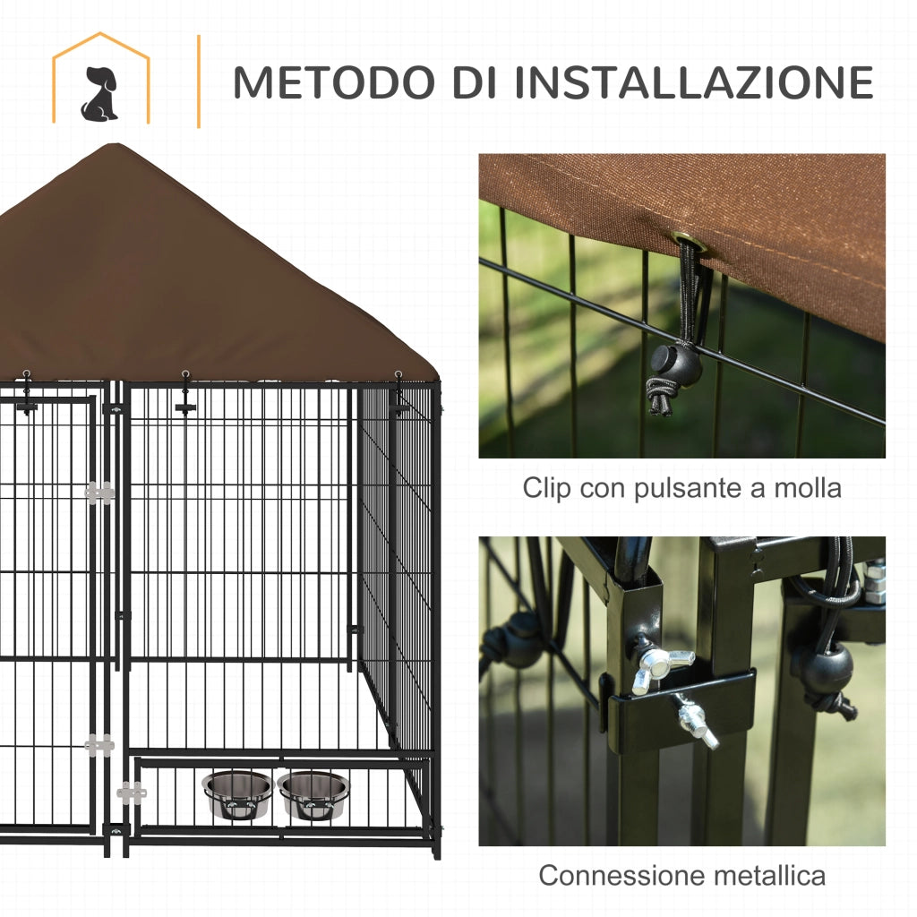 Recinto per Cani in Metallo e Tessuto ¨C Minimal ¨C Nero e Marrone 141x141x151 cm