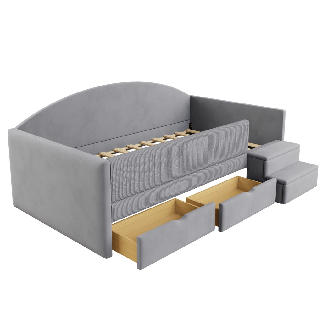 LETTO imbottito 90x190 cm in velluto grigio acqua con cassetti e scale