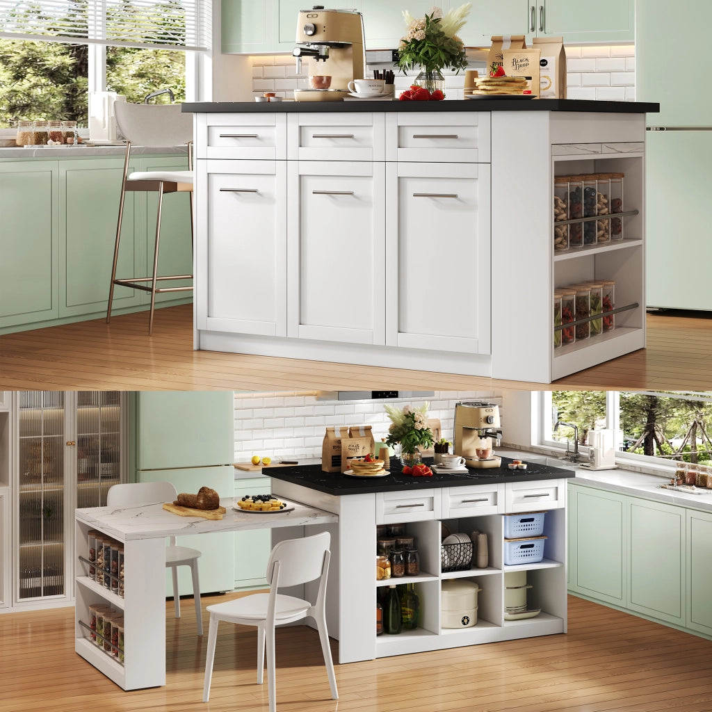 Isola da cucina con tavolo estraibile nascosto da 150+96 cm; bianco con piano marmorizzato; 150x90x90 cm