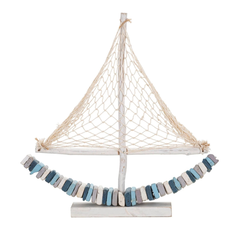 Scultura Barca a Vela in Legno con Rete in Tessuto 45x45 cm - BOAT