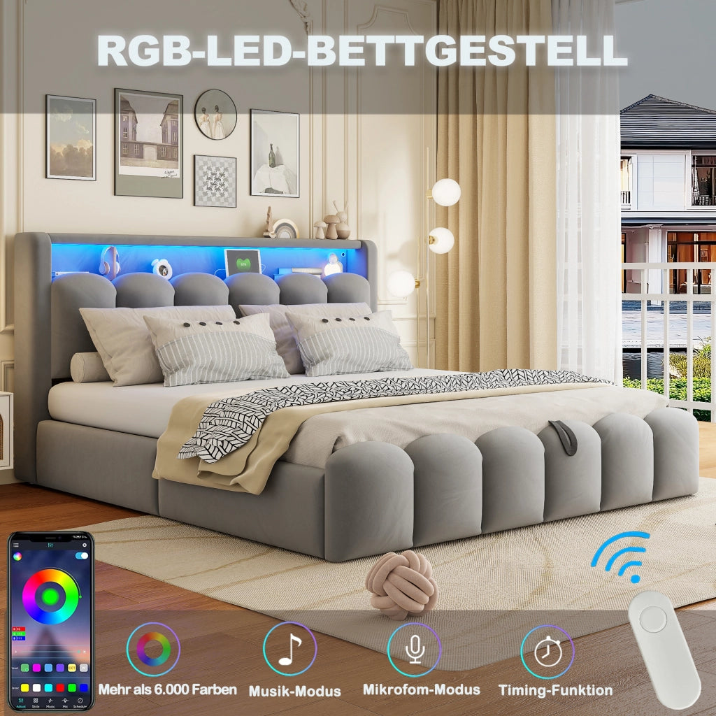 LETTO Contenitore 180x200 cm in velluto grigio con USB, USB-C e LED