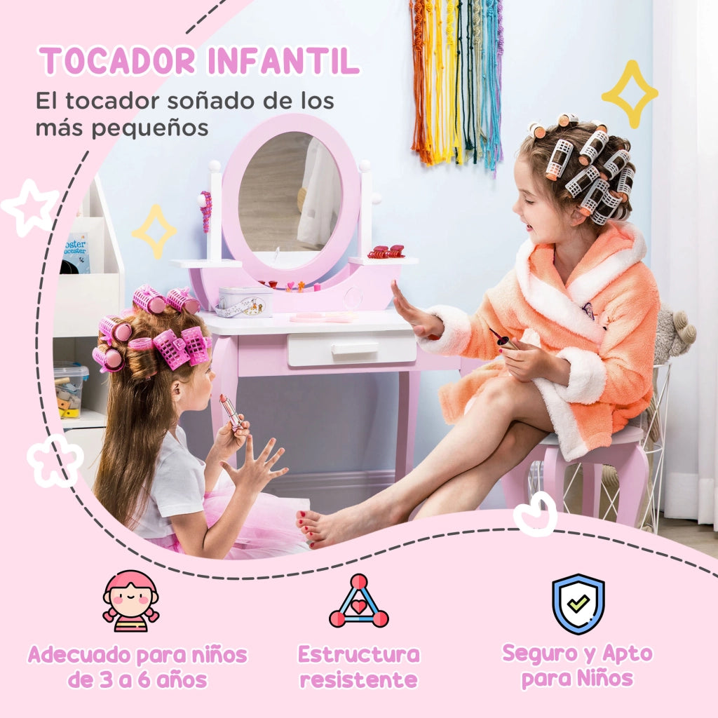 Tocador per Bambini con Specchio e Sgabello ¨C Minimal ¨C 65,5x46x93 cm Rosa