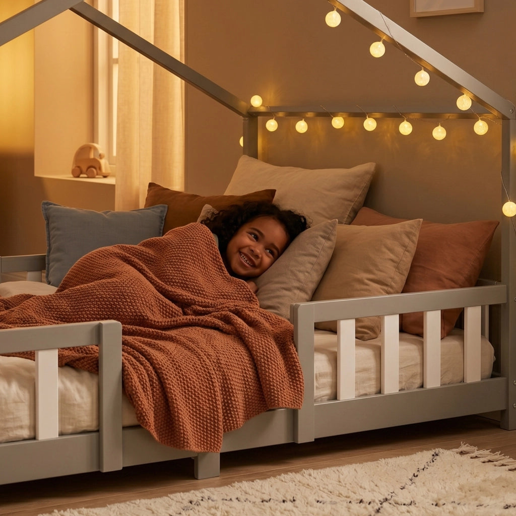 Letto per Cameretta Treviolo a Forma di Casetta in Stile Montessori 140x200 cm Grigio Chiaro/Bianco [en.casa]