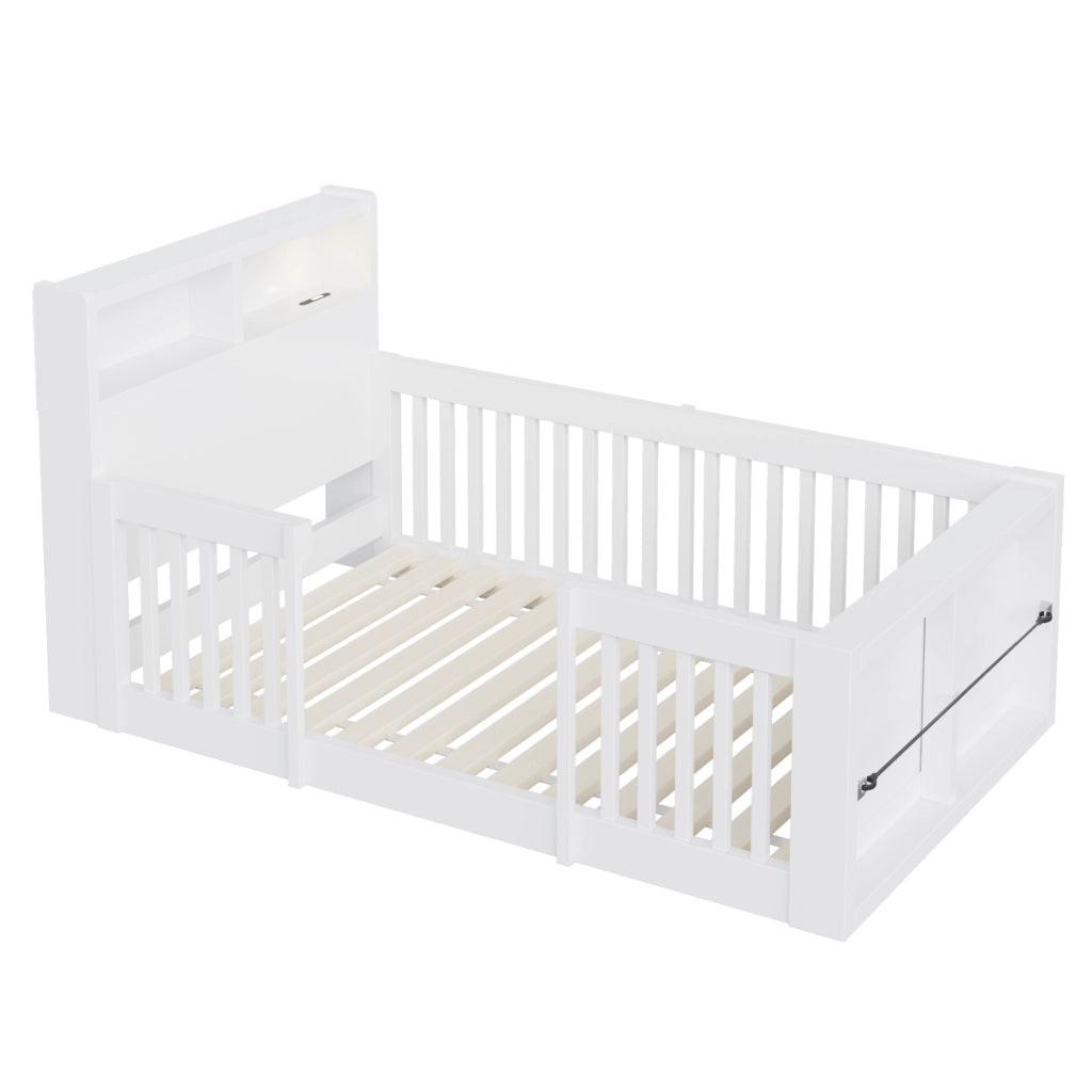 Letto multifunzione per bambini 90 x 190 cm con sponde alte, USB, luce notturna e vano contenitore, bianco